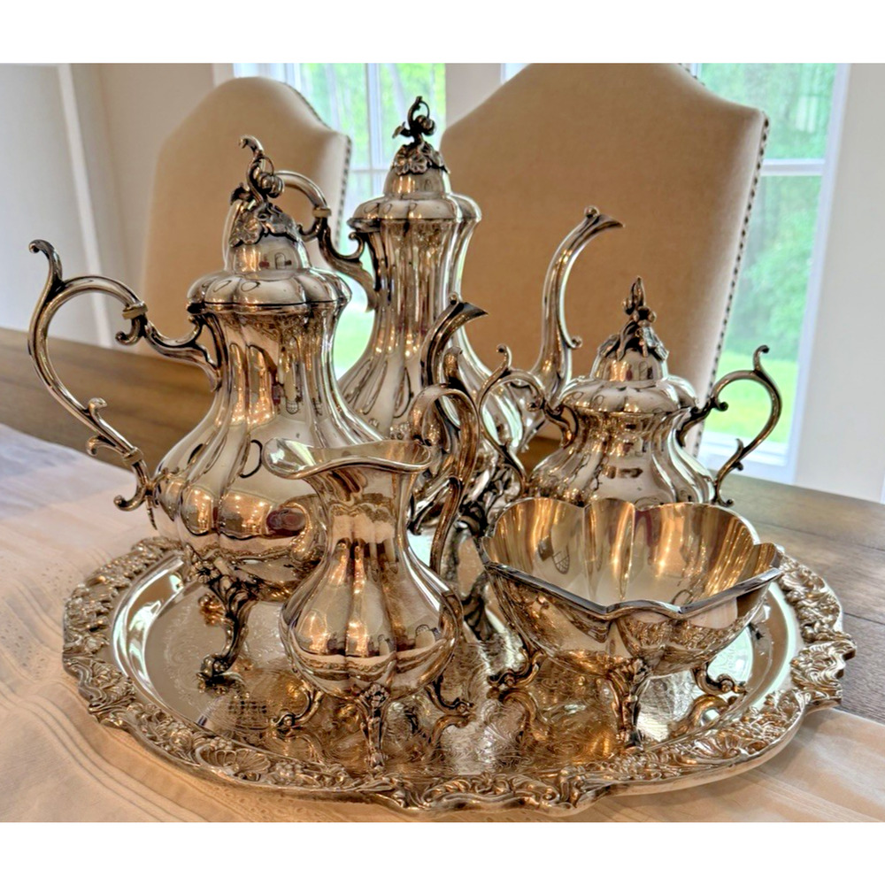 Reed & Barton Winthrop #1795 6 Pc Silverplate Tea Set w Towle 19” Tray